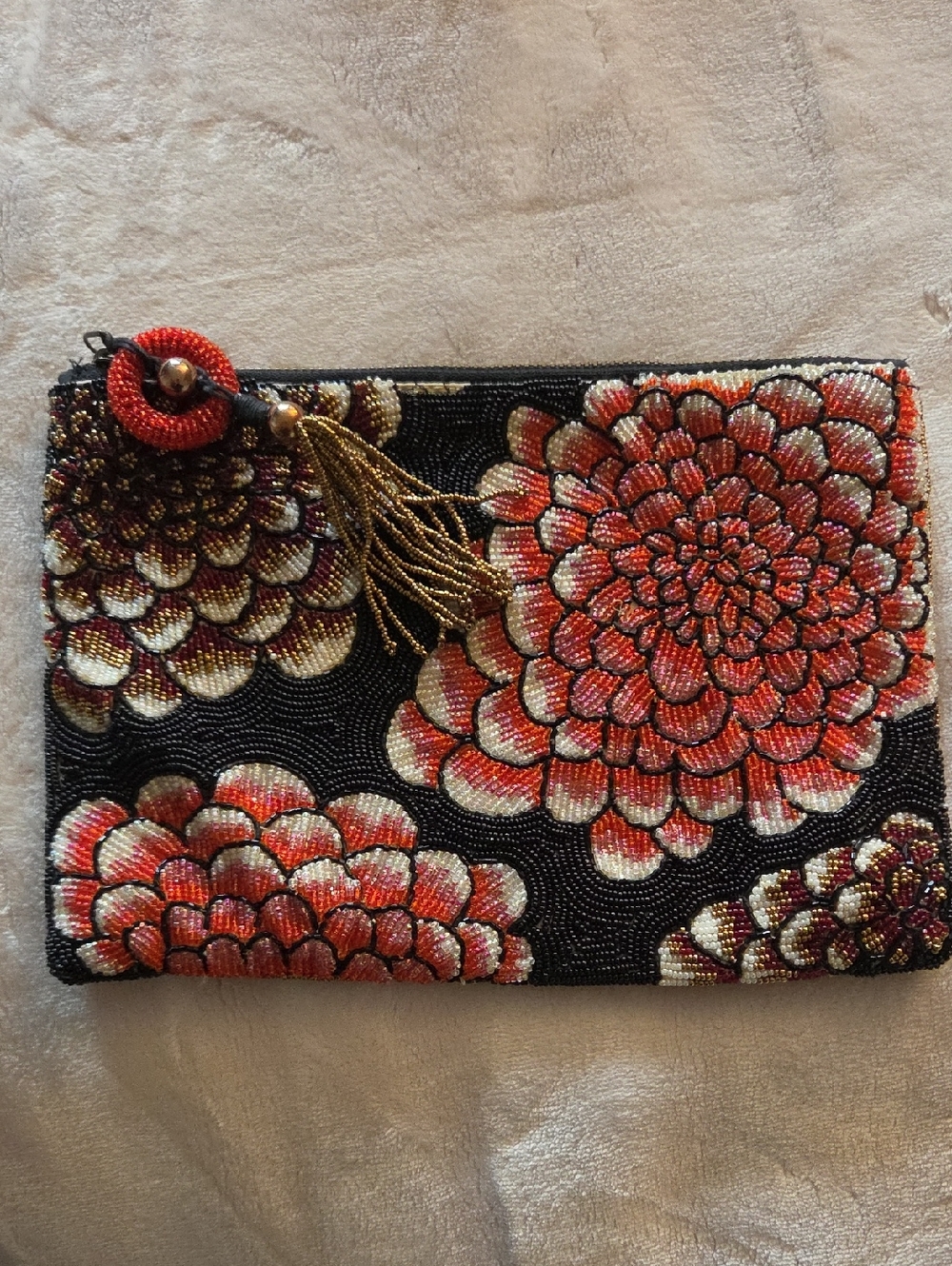 Anthropologie Hand-Beaded Floral Zip Clutch in Black and Coral